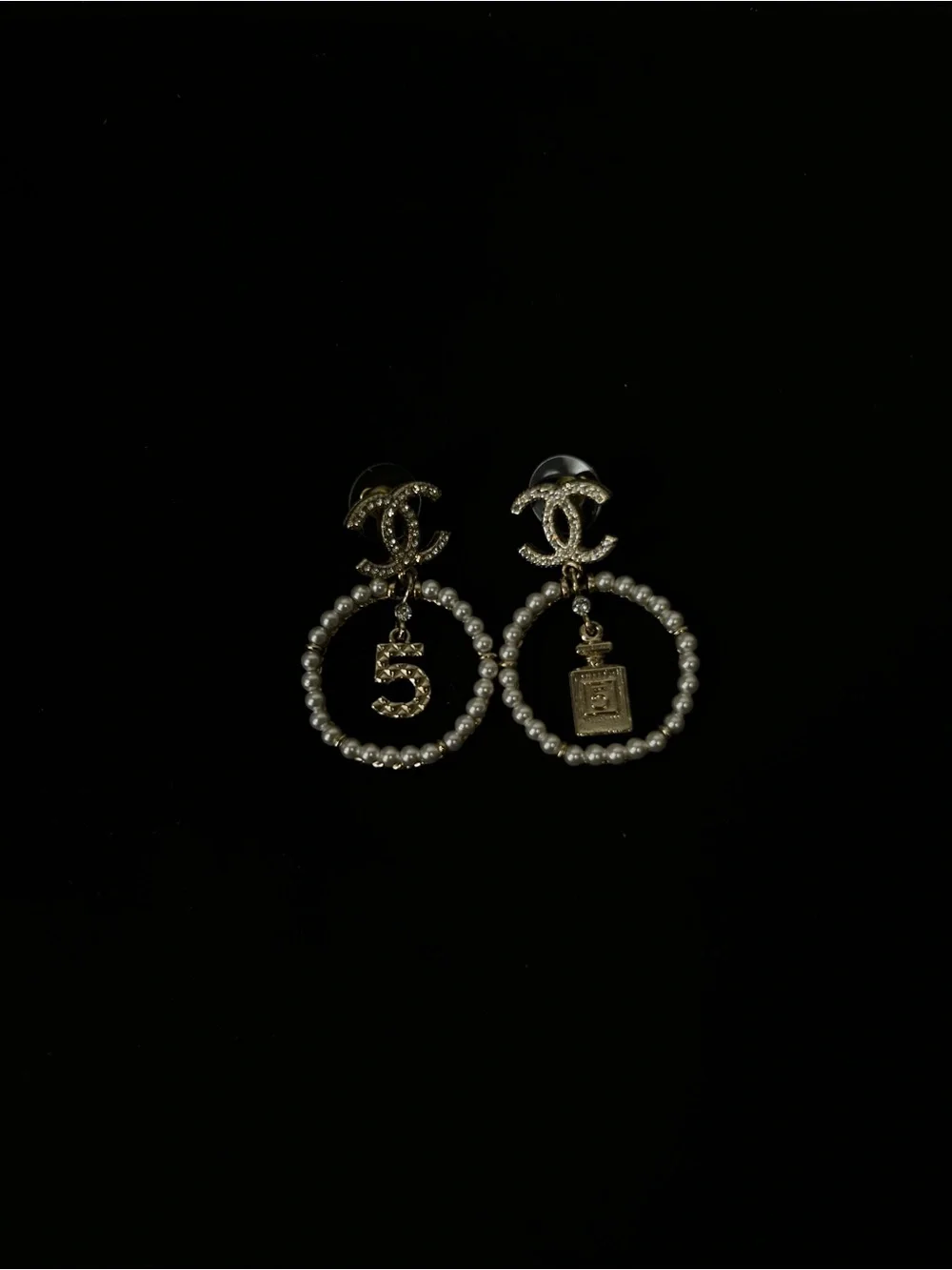 CHANEL Gold-Tone Pearl Hoop Earrings with CC Logo and Charms